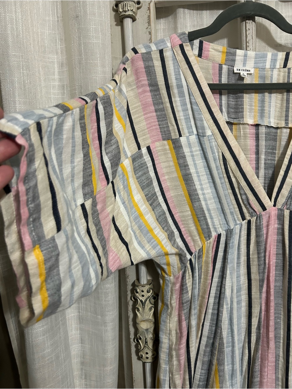 ENCREME Stripe V-Neck Maxi Dress Pastel Pink Yellow stripe vacation cruise large - Picture 3 of 7